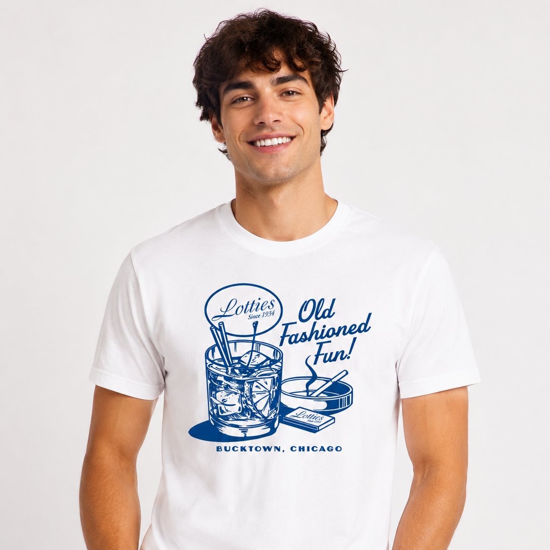 Lottie's Pub "Old Fashioned Fun" Graphic T-Shirt – Bucktown, Chicago – White/Blue