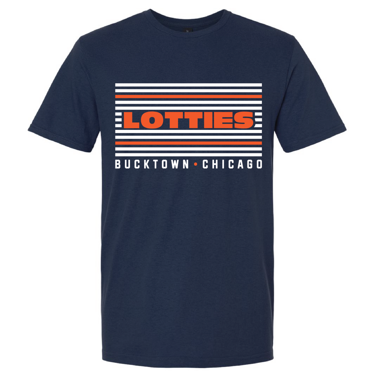 Two crewneck t-shirts shown on a plain white background, one in navy blue and one in cream. Both feature a retro striped chest graphic with the word 'LOTTIES' in orange and white, and 'BUCKTOWN - CHICAGO' printed below.