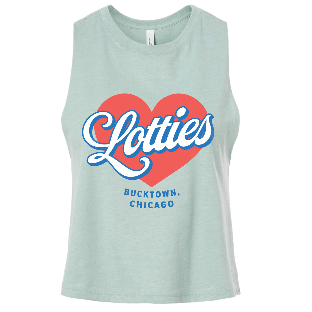 Heather teal tank top with red heart and white text on a white background