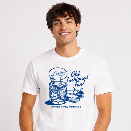 Lottie's Pub "Old Fashioned Fun" Graphic T-Shirt – Bucktown, Chicago – White/Blue