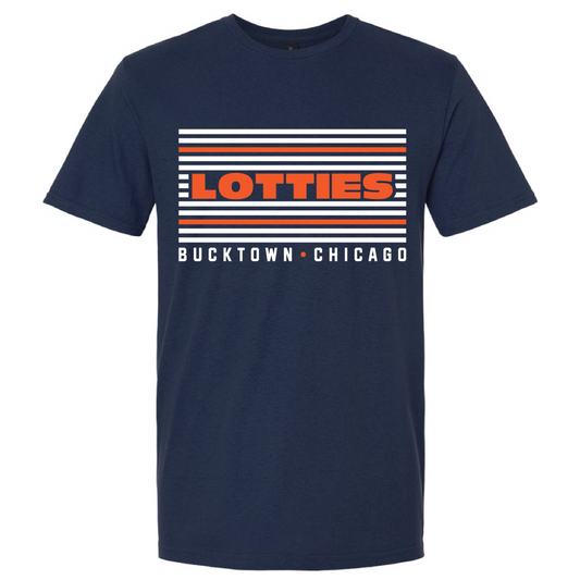 Two crewneck t-shirts shown on a plain white background, one in navy blue and one in cream. Both feature a retro striped chest graphic with the word 'LOTTIES' in orange and white, and 'BUCKTOWN - CHICAGO' printed below.