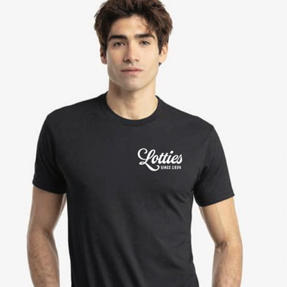 Black t-shirt with 'Lotties Pub Chicago' design on front and back worn by a person.
