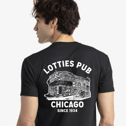 Black t-shirt with 'Lotties Pub Chicago' design on front and back worn by a person.