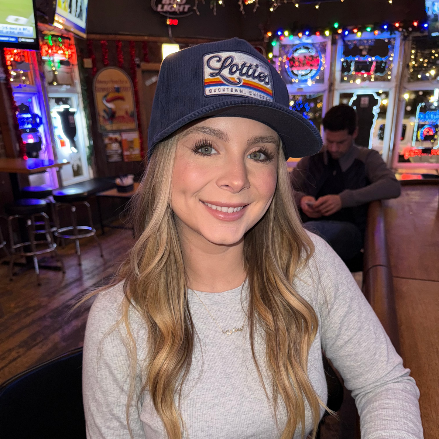 Lotties Pub Navy Sunset Trucker Hat - Corduroy Edition, Bucktown Chicago Cap